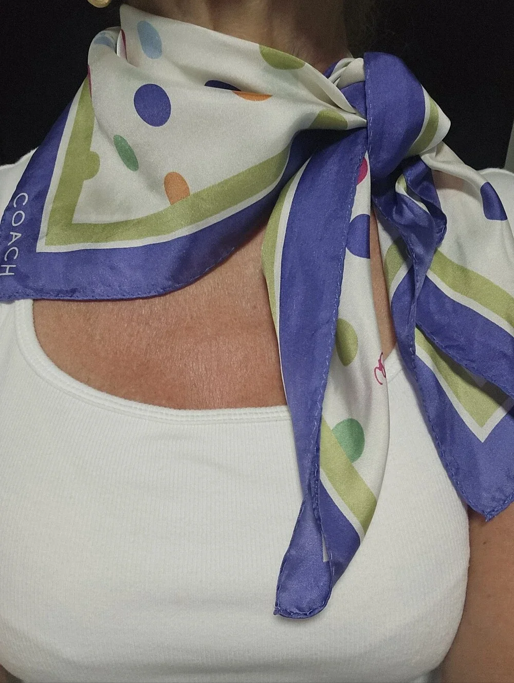 COACH SILK Polka Dot Scarf in White with Multicolor Dots 26